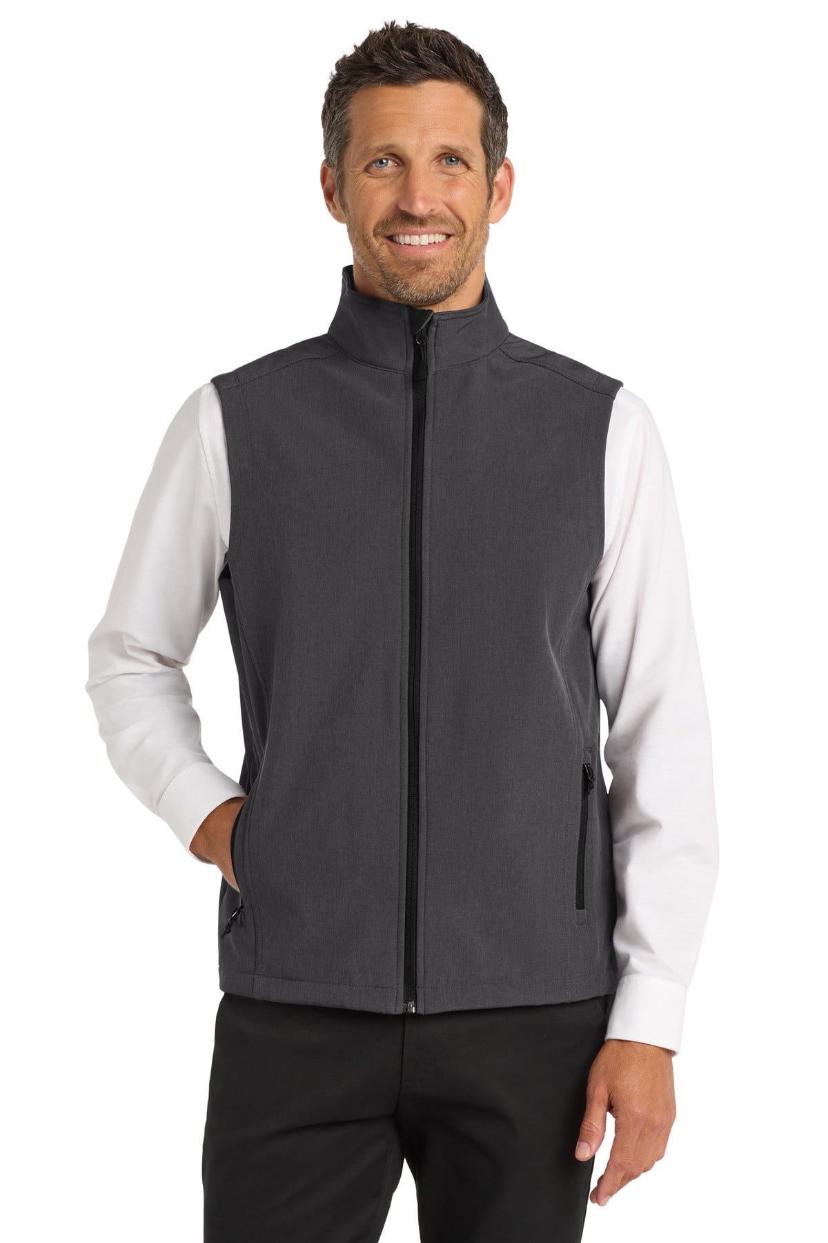 Front View of Black Char Hth Port Authority Core Soft Shell Vest. J325