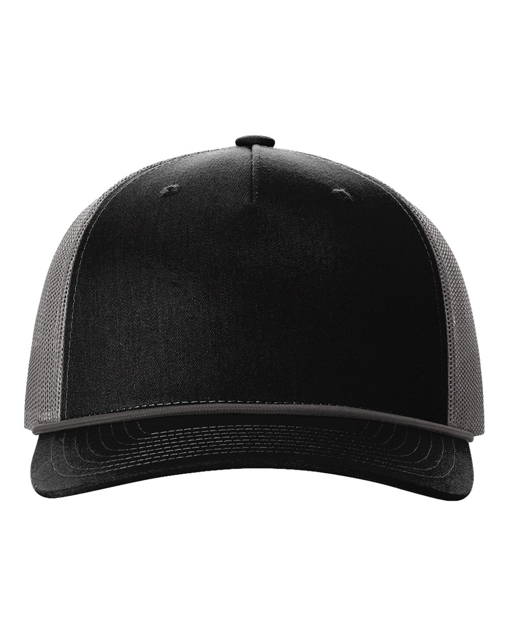 Front View of Black/ Charcoal Five-Panel Trucker with Rope Cap - 112FPR