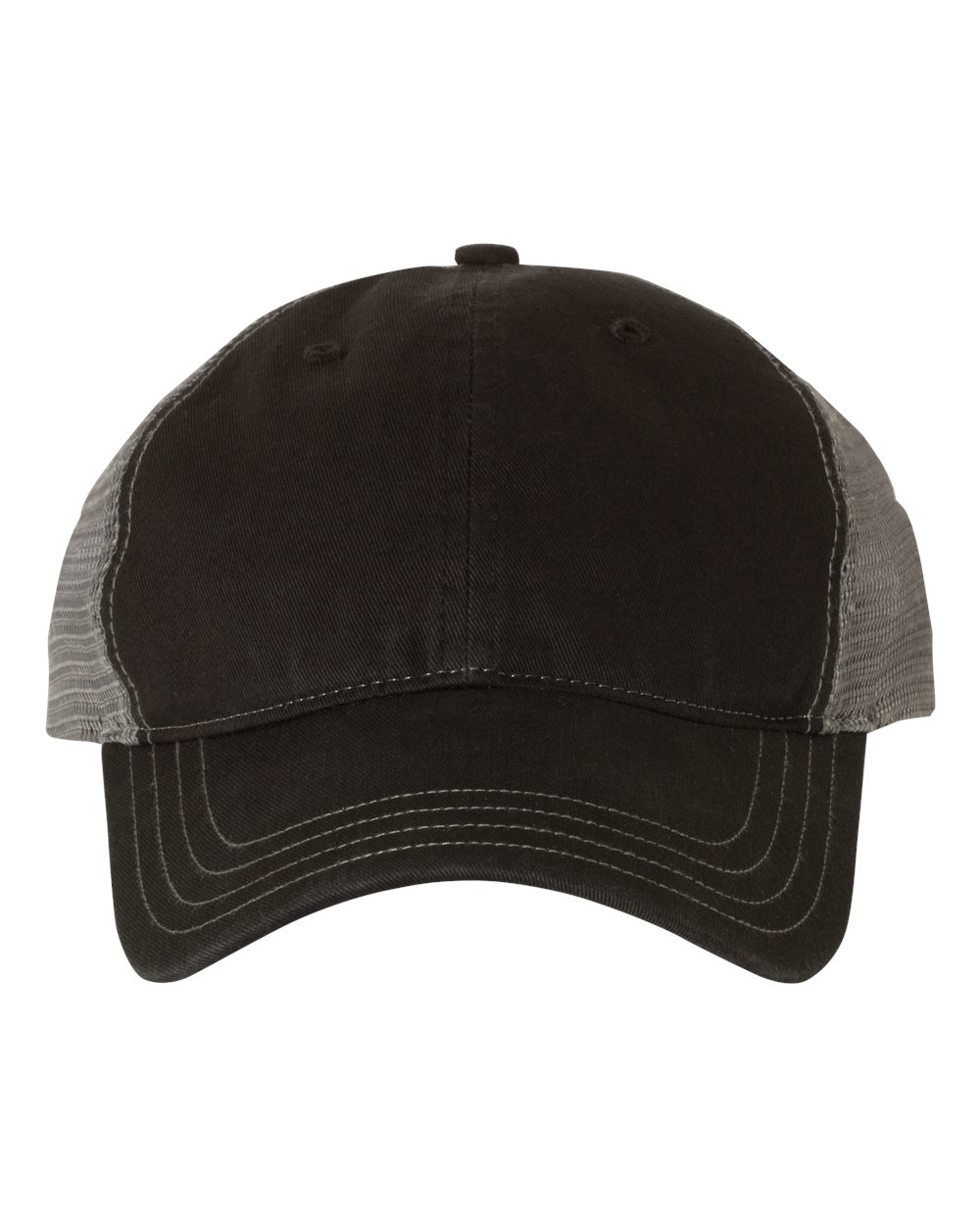 Front View of Black/ Charcoal Garment-Washed Trucker Cap - 111