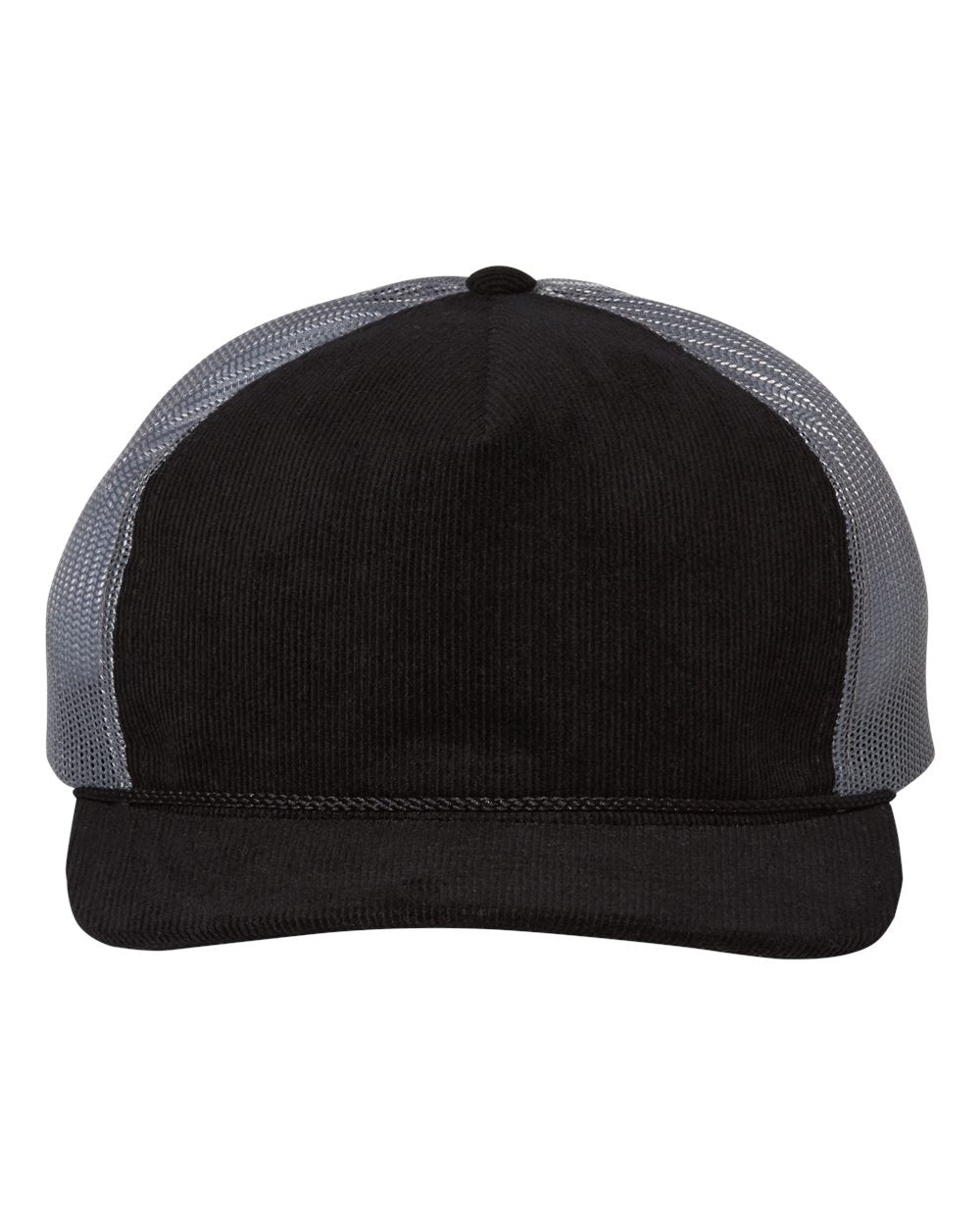 Front View of Black/ Charcoal Troutdale Corduroy Trucker Cap - 930