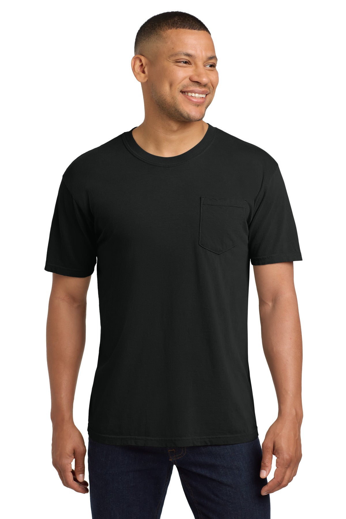 Front View of Black COMFORT COLORS Heavyweight Ring Spun Pocket Tee. 6030