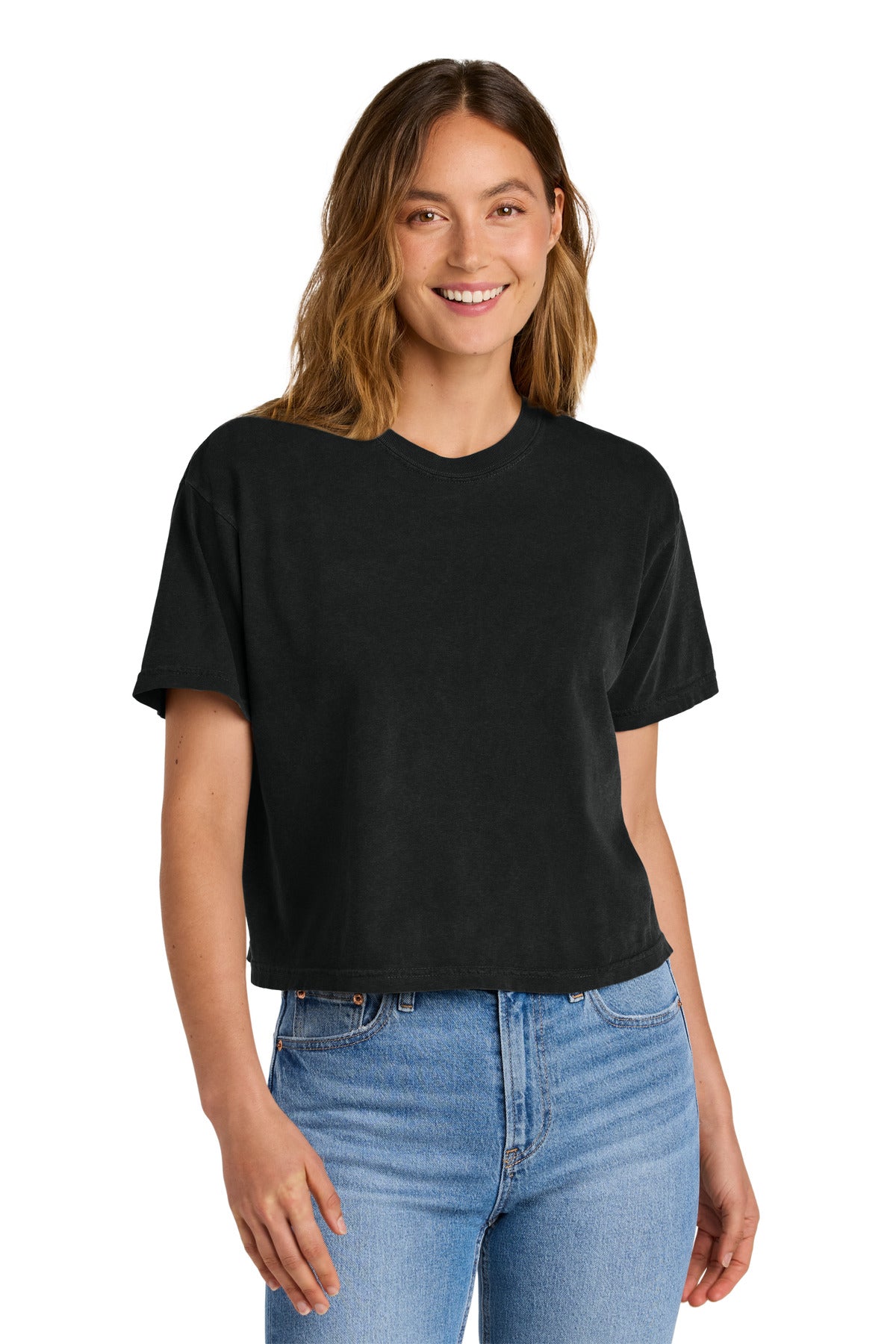 Front View of Black Comfort Colors Women's Heavyweight Boxy Tee 3023CL