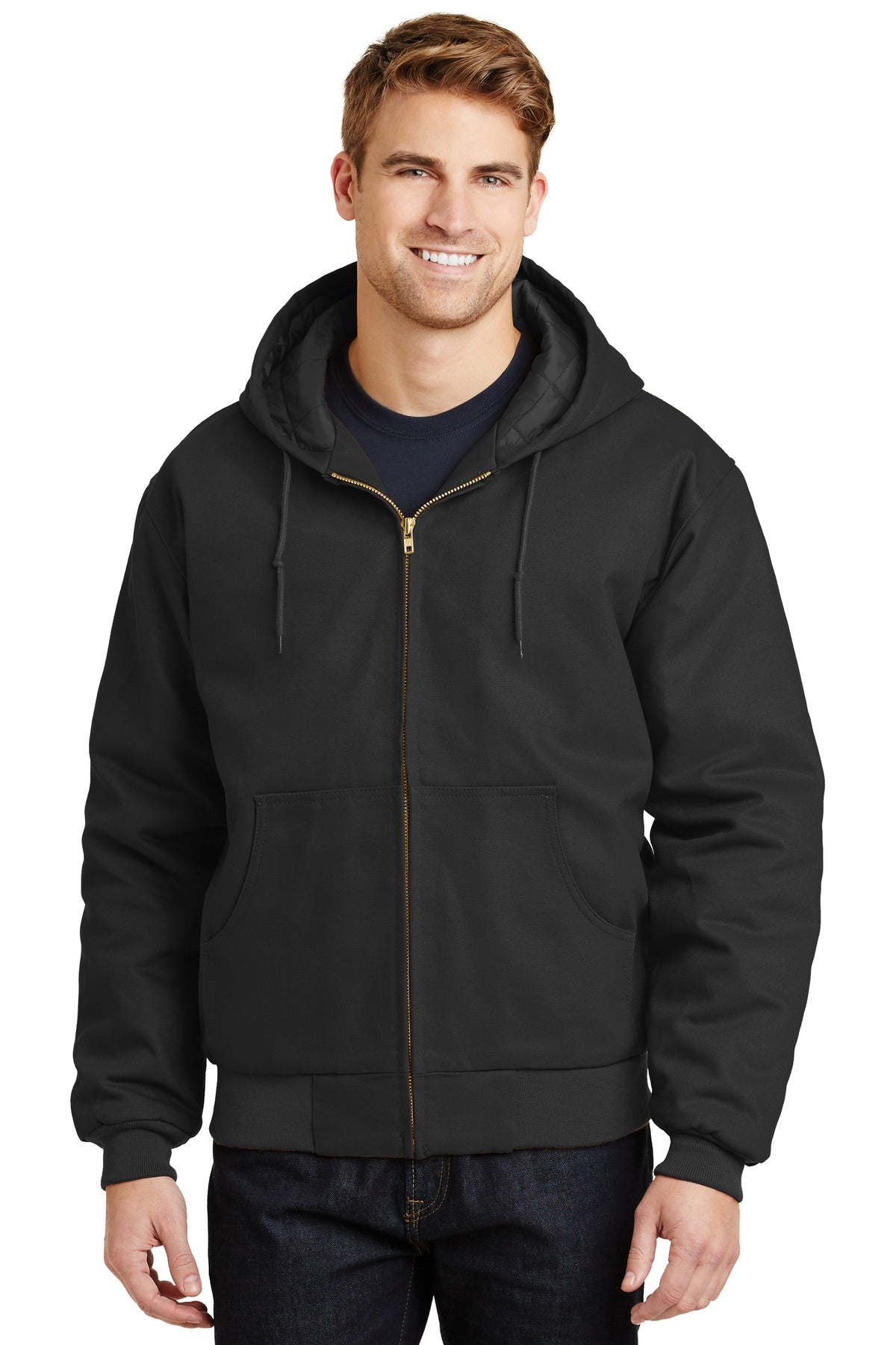 Front View of Black CornerStone - Duck Cloth Hooded Work Jacket. J763H