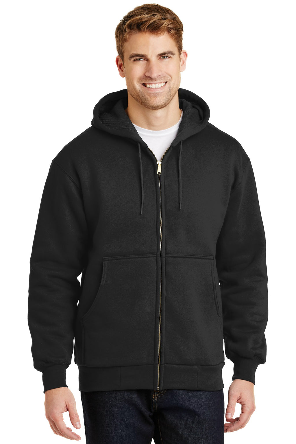 Front View of Black CornerStone - Heavyweight Full-Zip Hooded Sweatshirt with Thermal Lining. CS620