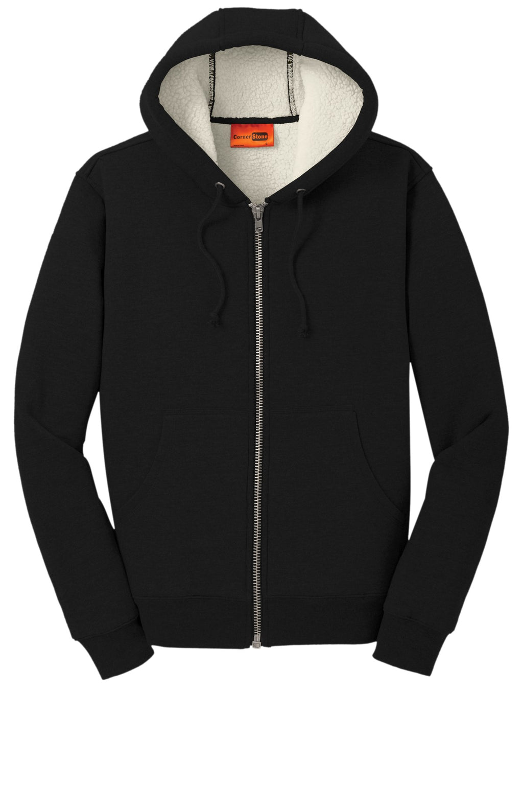 Front View of Black CornerStone Heavyweight Sherpa-Lined Hooded Fleece Jacket. CS625