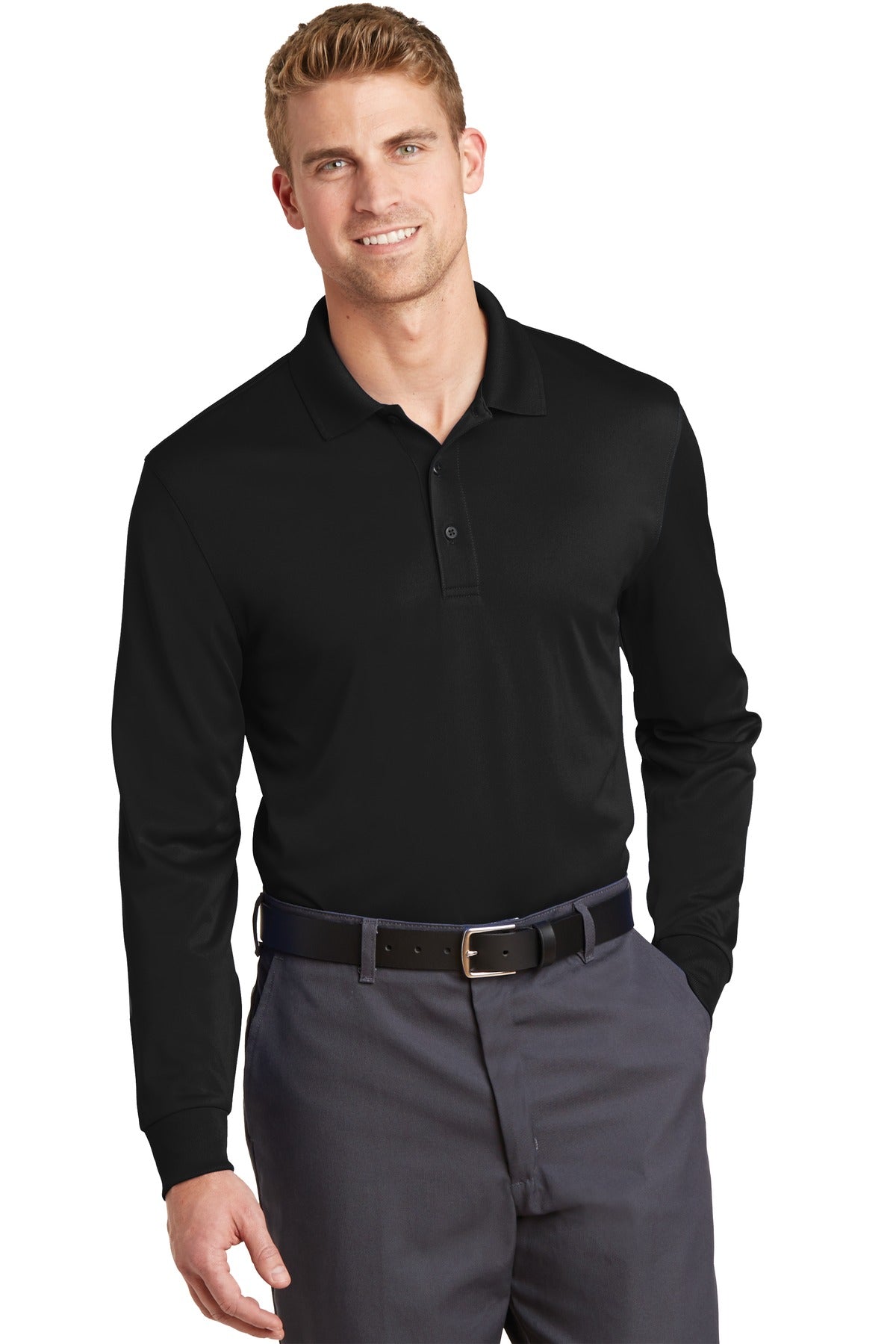 Front View of Black CornerStone Select Snag-Proof Long Sleeve Polo. CS412LS