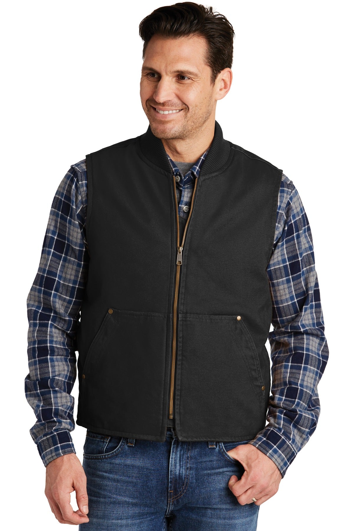 Front View of Black CornerStone Washed Duck Cloth Vest. CSV40