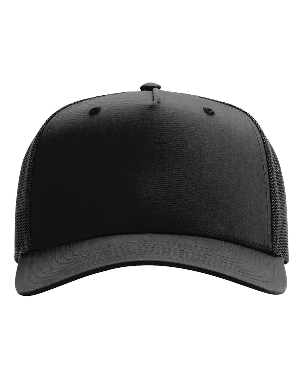 Front View of Black Five-Panel Champ Trucker Cap - 112FPC