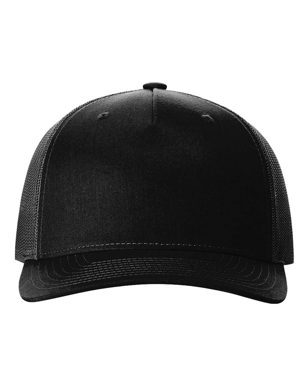 Front View of Black Five-Panel Trucker Cap - 112FP