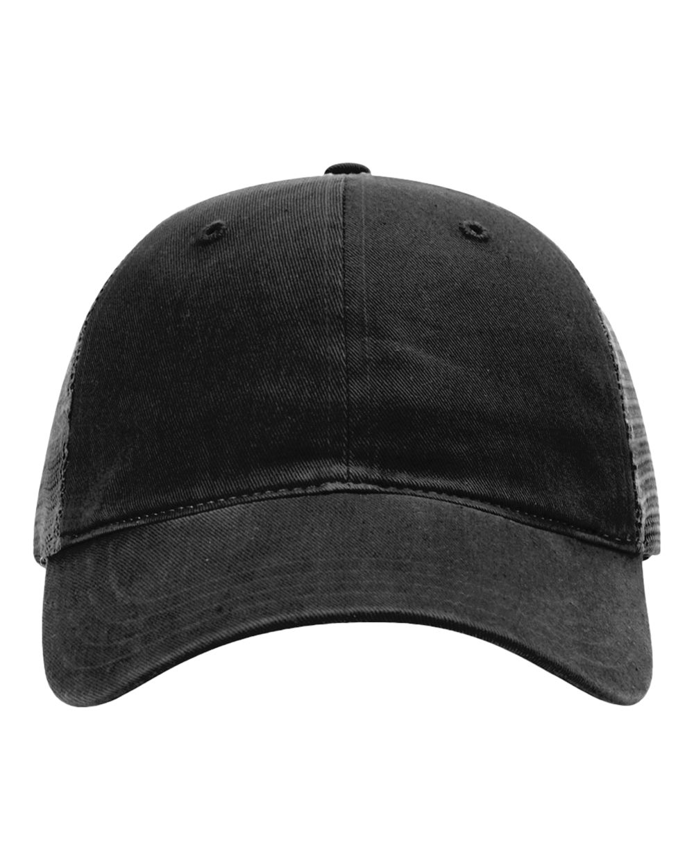 Front View of Black Garment-Washed Trucker Cap - 111