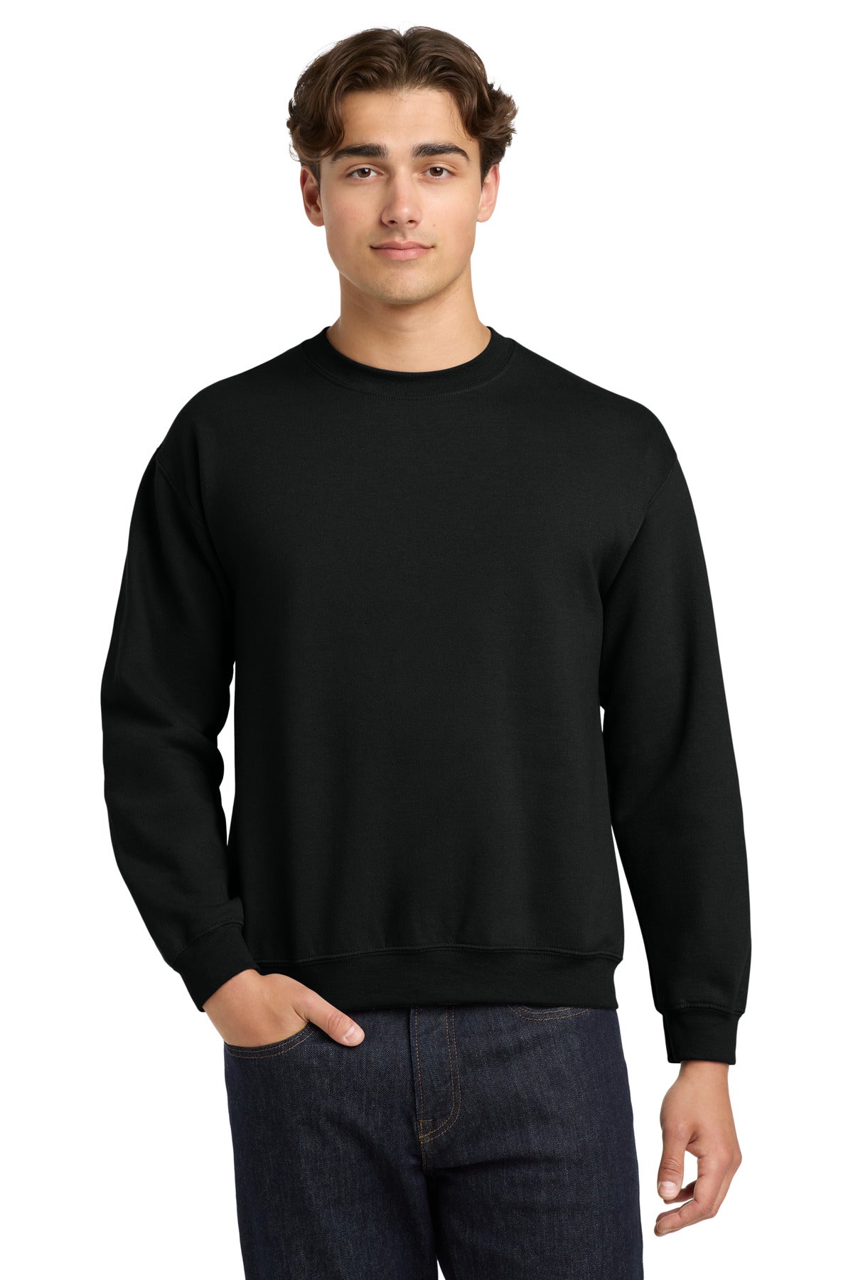 Front View of Black Gildan Heavy Blend Crewneck Sweatshirt. 18000
