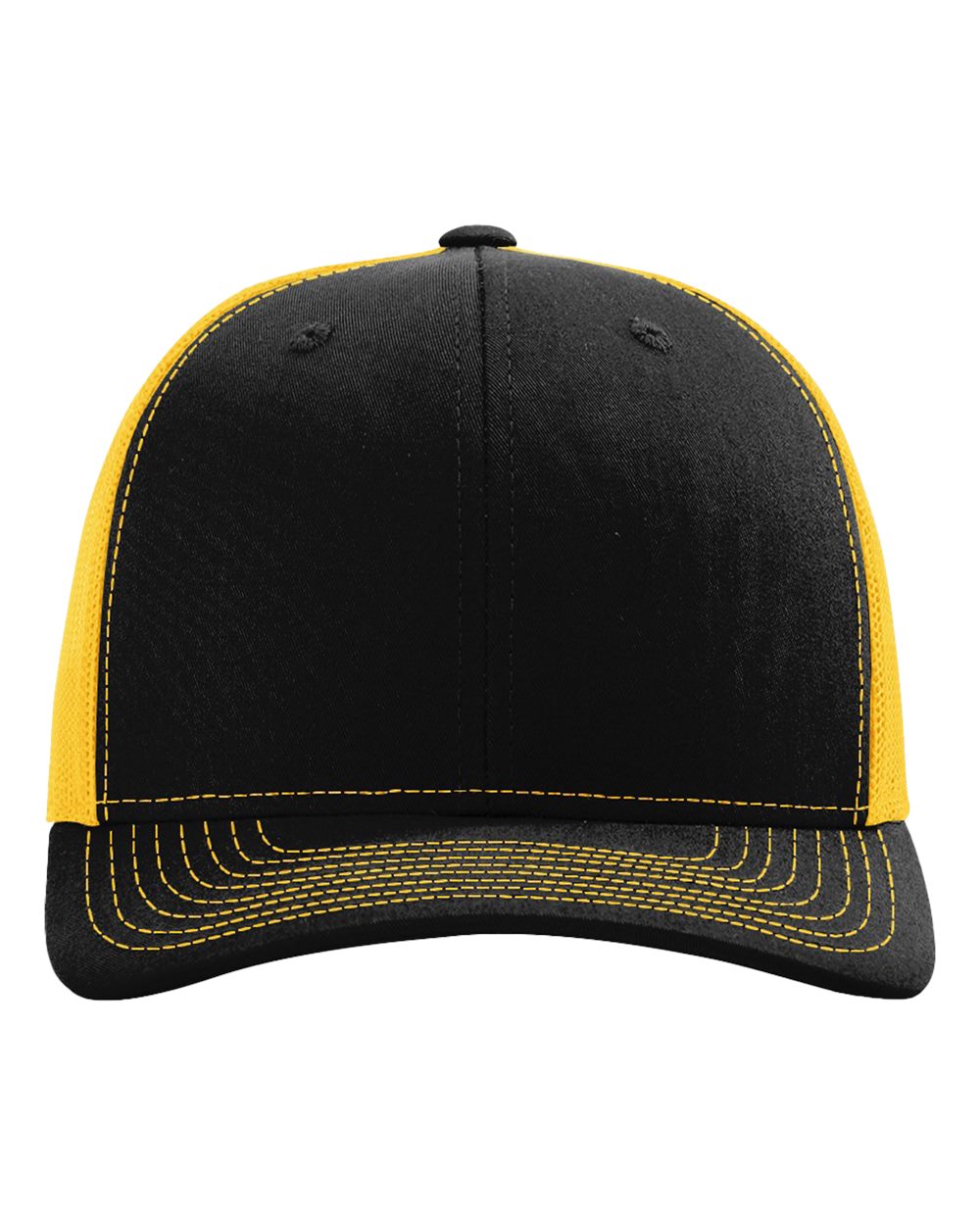 Front View of Black/ Gold Snapback Trucker Cap - 112