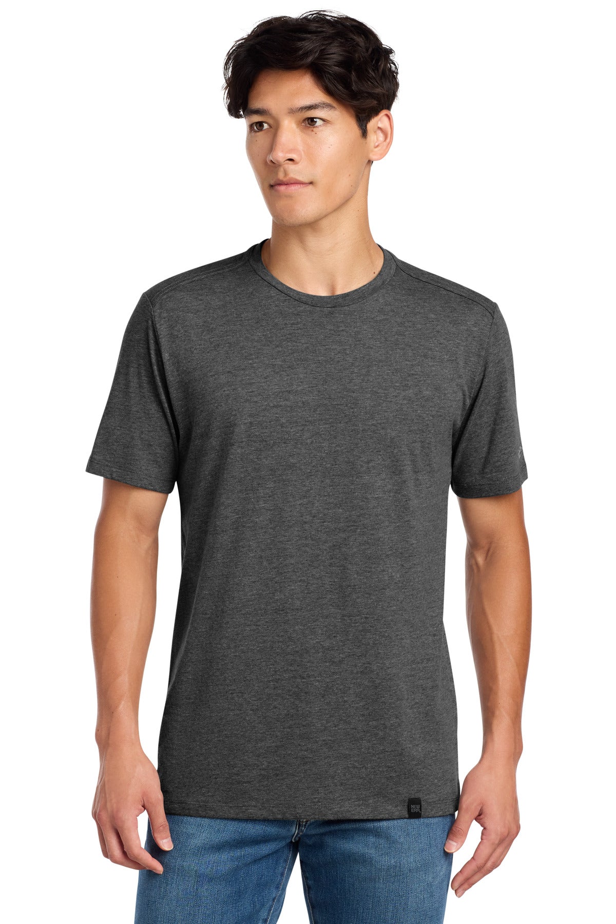 Front View of Black Heather New Era Heritage Blend Crew Tee. NEA100