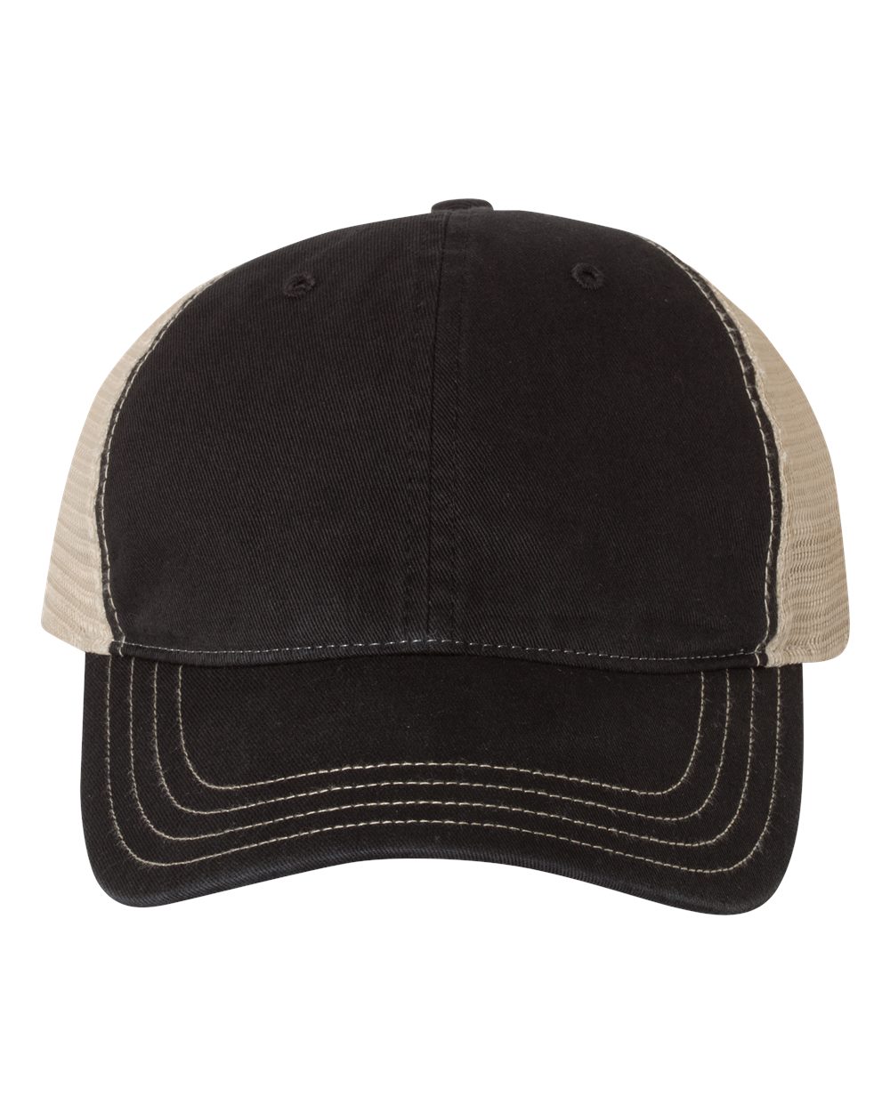 Front View of Black/ Khaki Garment-Washed Trucker Cap - 111