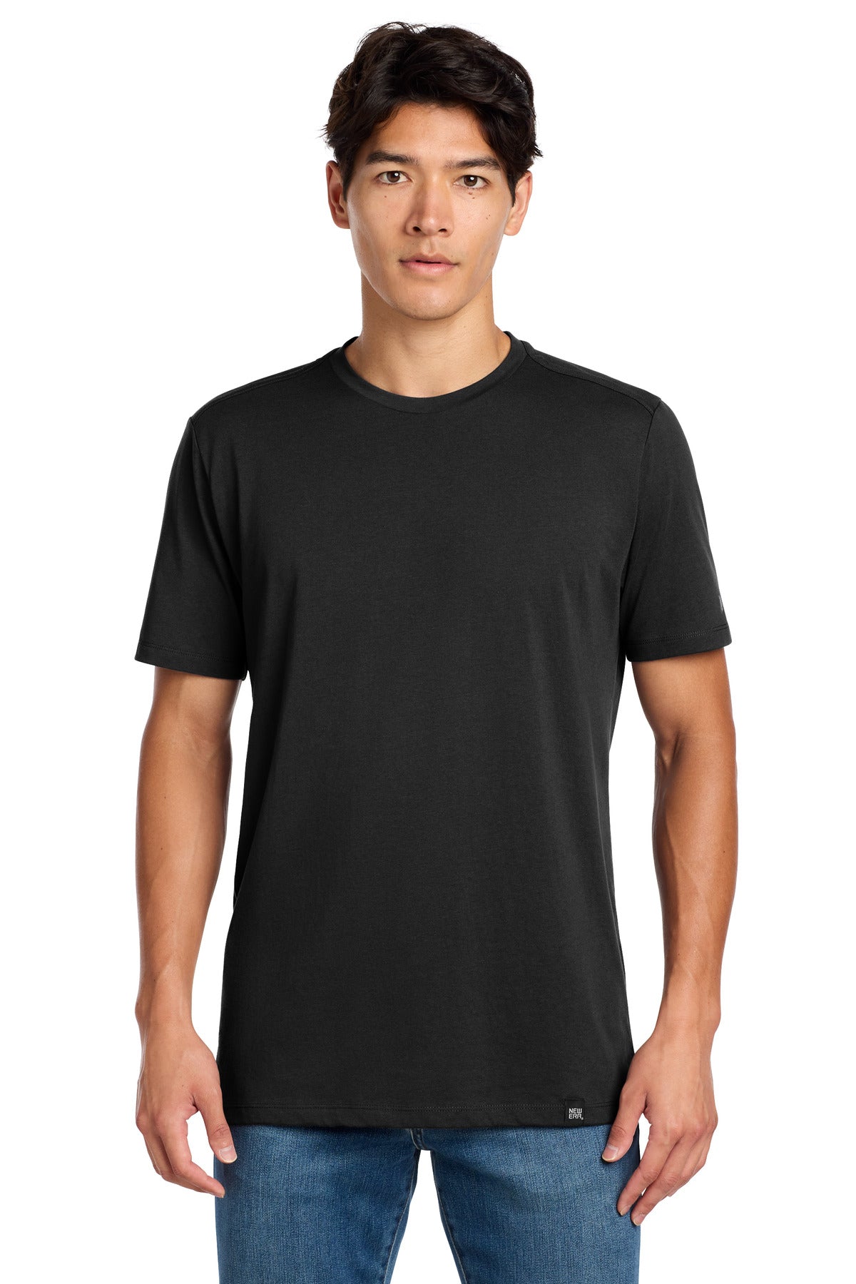 Front View of Black New Era Heritage Blend Crew Tee. NEA100