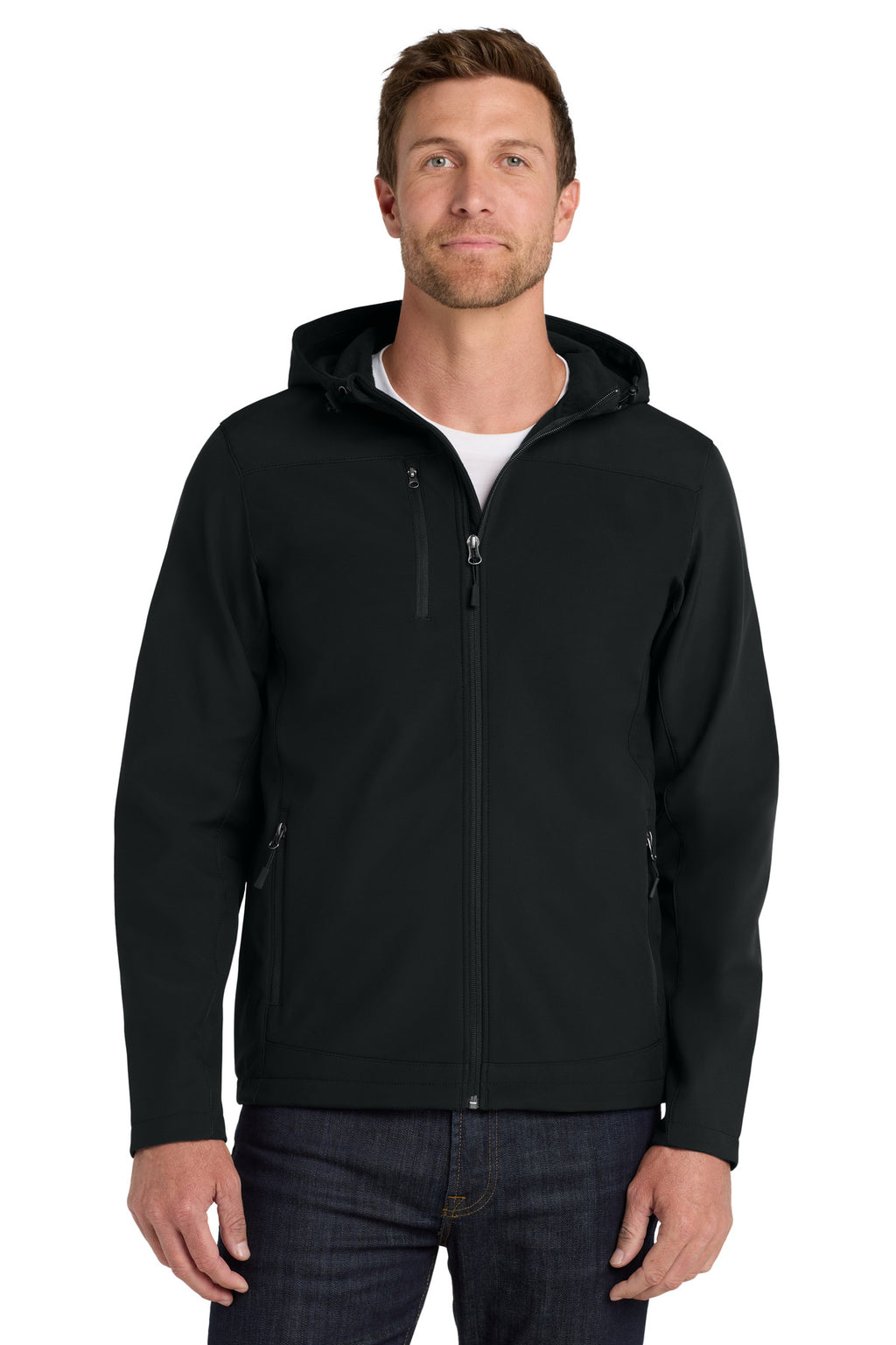 Front View of Black Port Authority Hooded Core Soft Shell Jacket. J335
