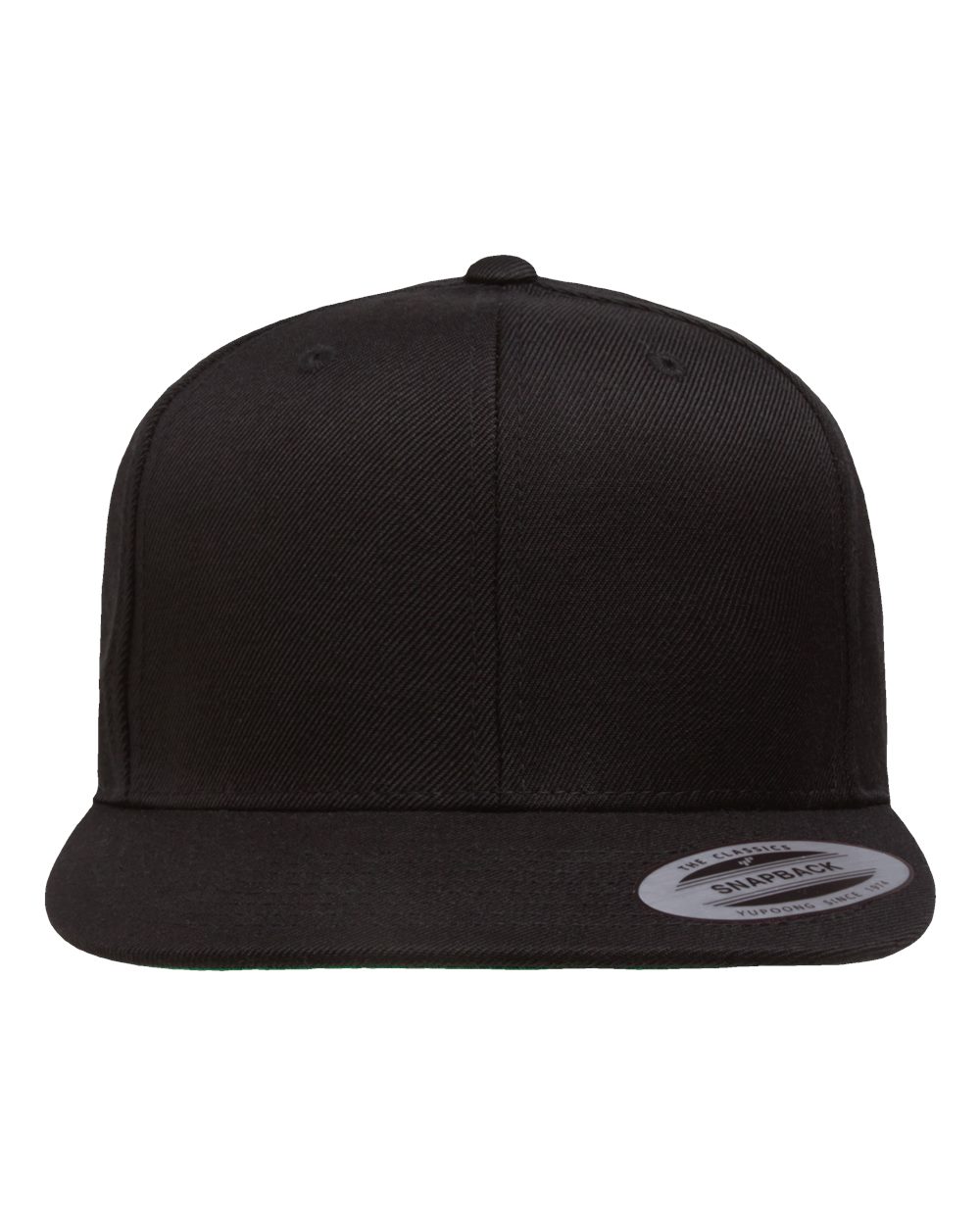 Front View of Black Premium Flat Bill Snapback Cap - 6089M