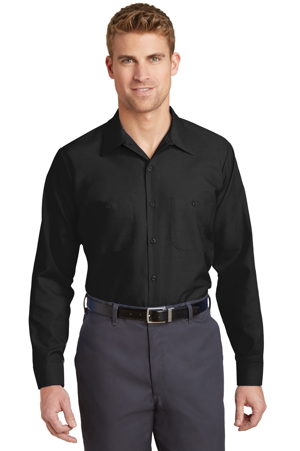 Front View of Black Red Kap Long Sleeve Industrial Work Shirt. SP14