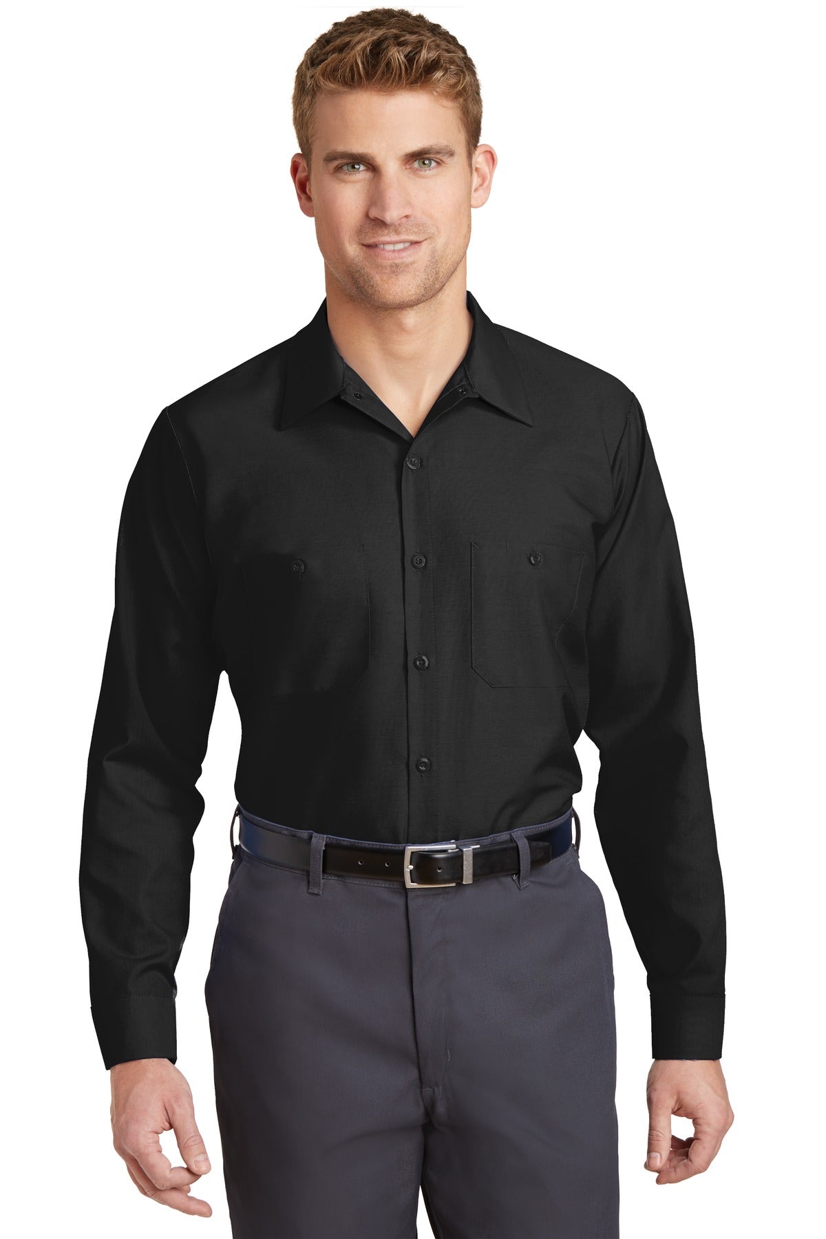 Front View of Black Red Kap Long Sleeve Industrial Work Shirt. SP14
