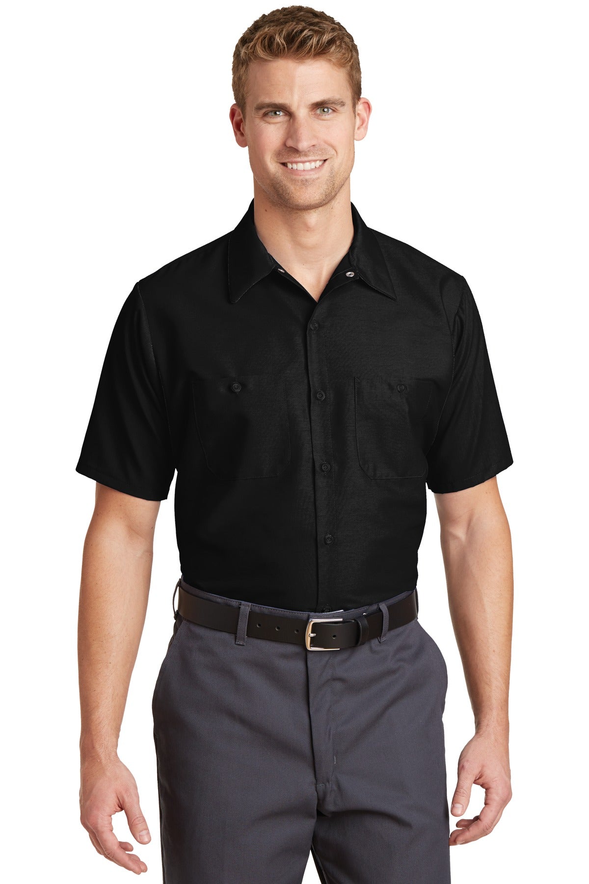 Front View of Black Red Kap Short Sleeve Industrial Work Shirt. SP24