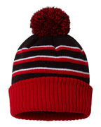 Front View of Black/ Red/ White Pom Cuffed Beanie - 134