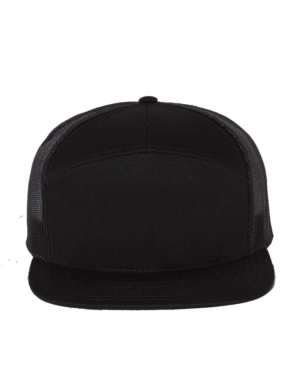 Front View of Black Seven-Panel Trucker Cap - 168