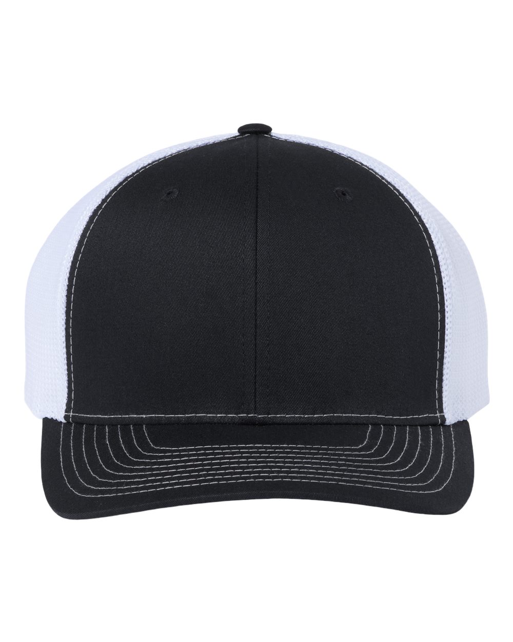 Front View of Black/ White 112+ R-Flex Adjustable Trucker Cap - 112PL