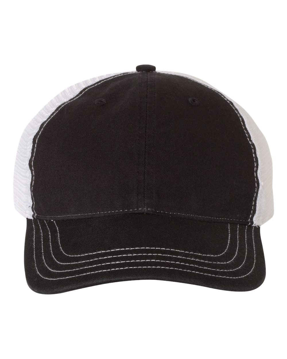 Front View of Black/ White Garment-Washed Trucker Cap - 111