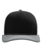Front View of Black/ White/ Heather Grey Snapback Trucker Cap - 112