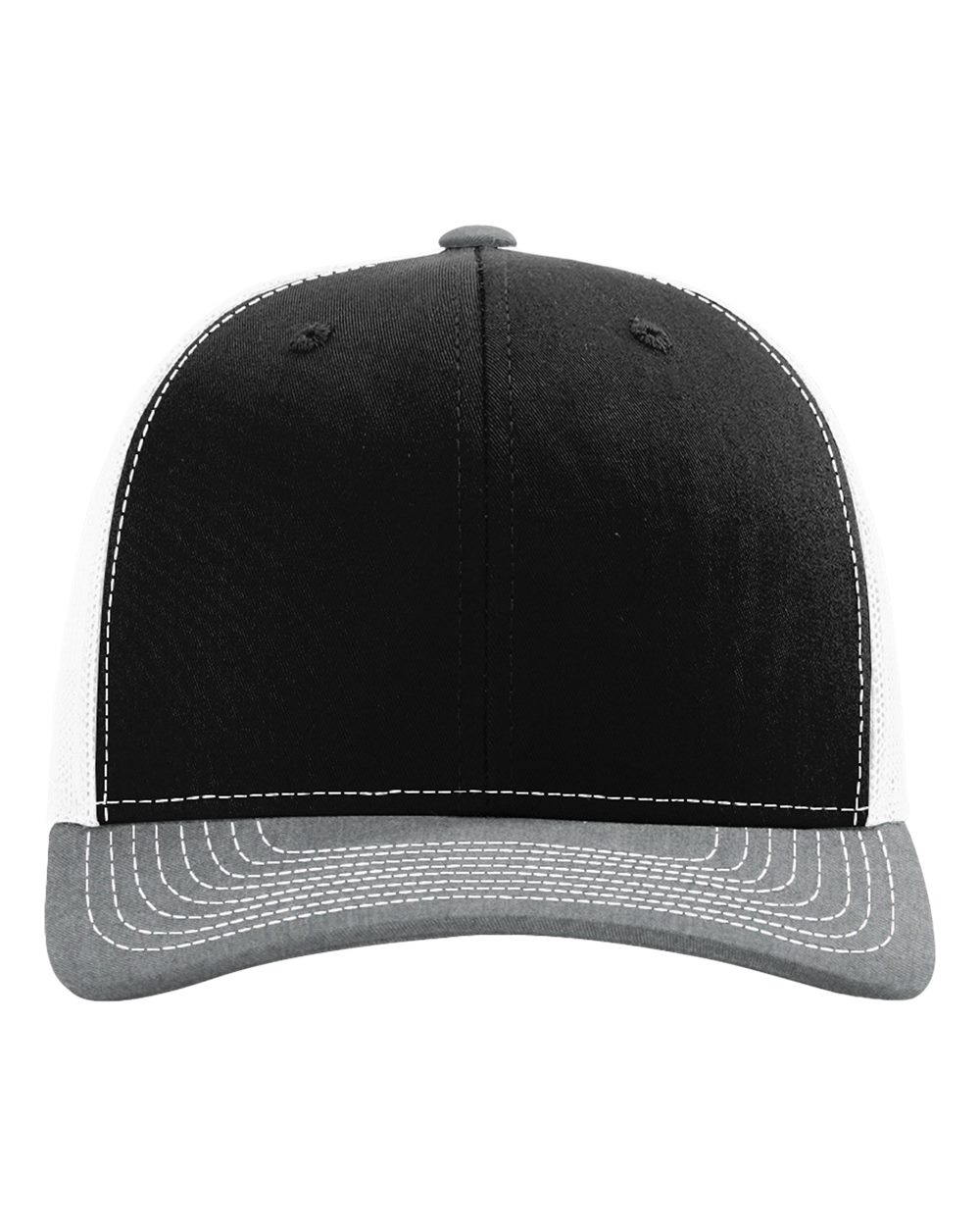 Front View of Black/ White/ Heather Grey Snapback Trucker Cap - 112