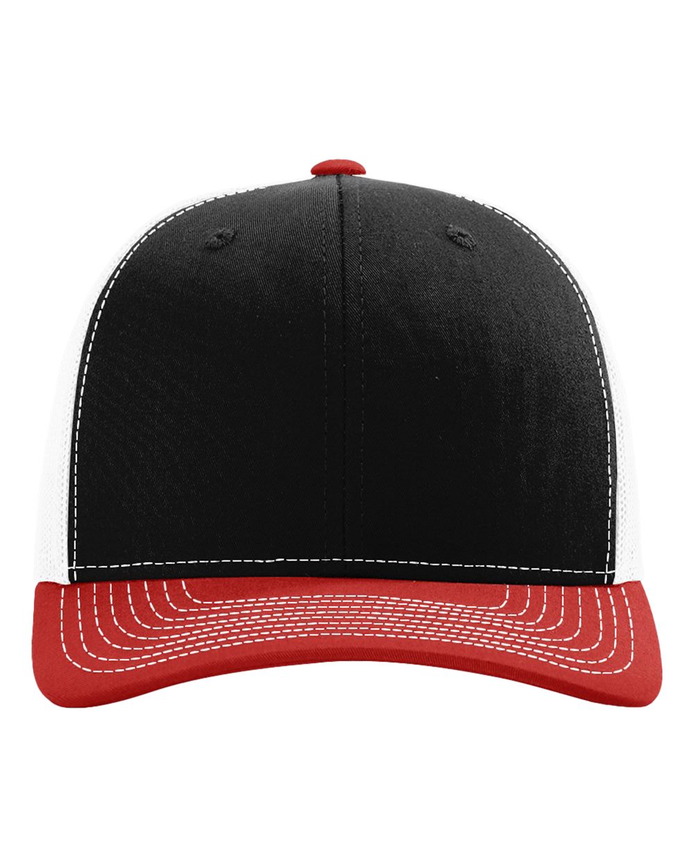 Front View of Black/ White/ Red Snapback Trucker Cap - 112