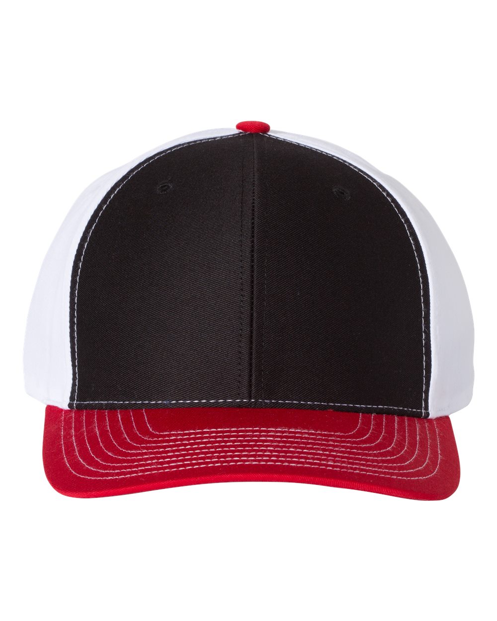 Front View of Black/ White/ Red Twill Back Trucker Cap - 312