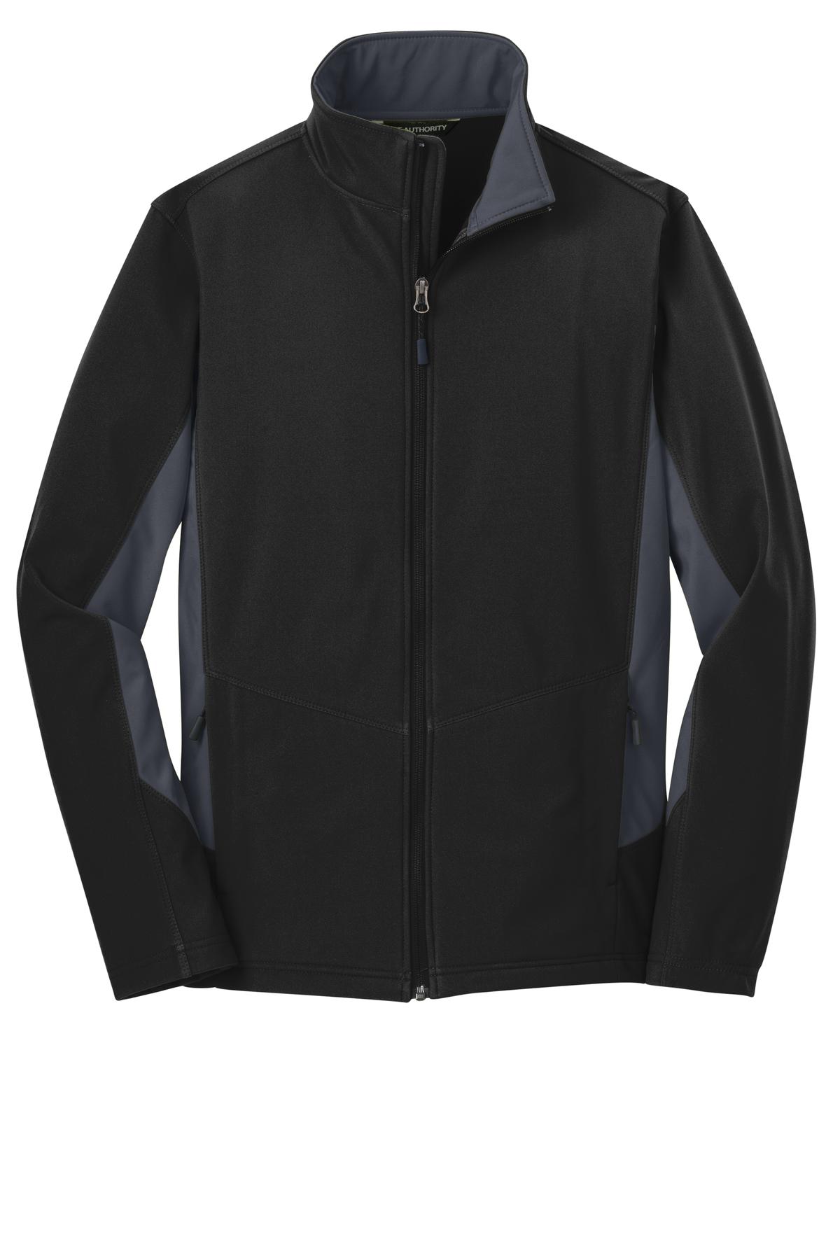Front View of Black/Bat Grey Port Authority Core Colorblock Soft Shell Jacket. J318