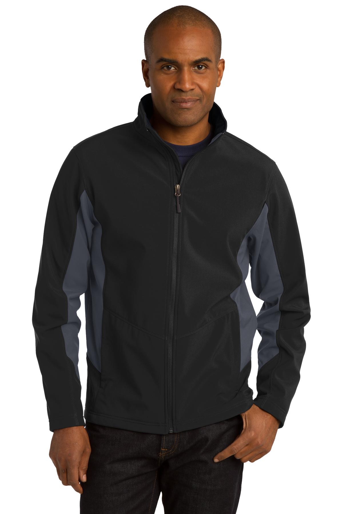 Front View of Black/Bat Grey Port Authority Core Colorblock Soft Shell Jacket. J318