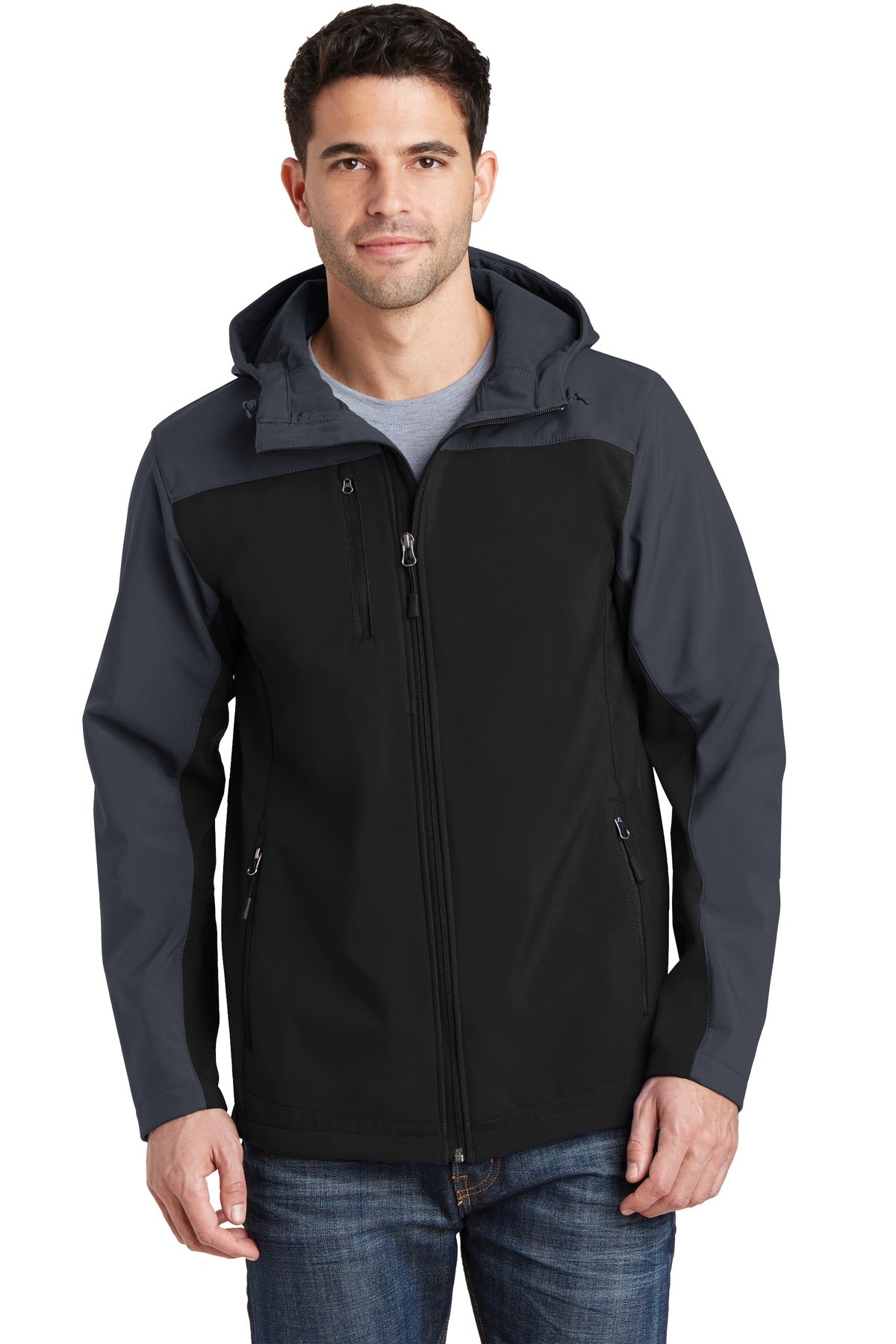 Front View of Black/Batl Gry Port Authority Hooded Core Soft Shell Jacket. J335