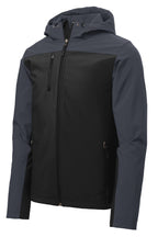 Front View of Black/Batl Gry Port Authority Hooded Core Soft Shell Jacket. J335