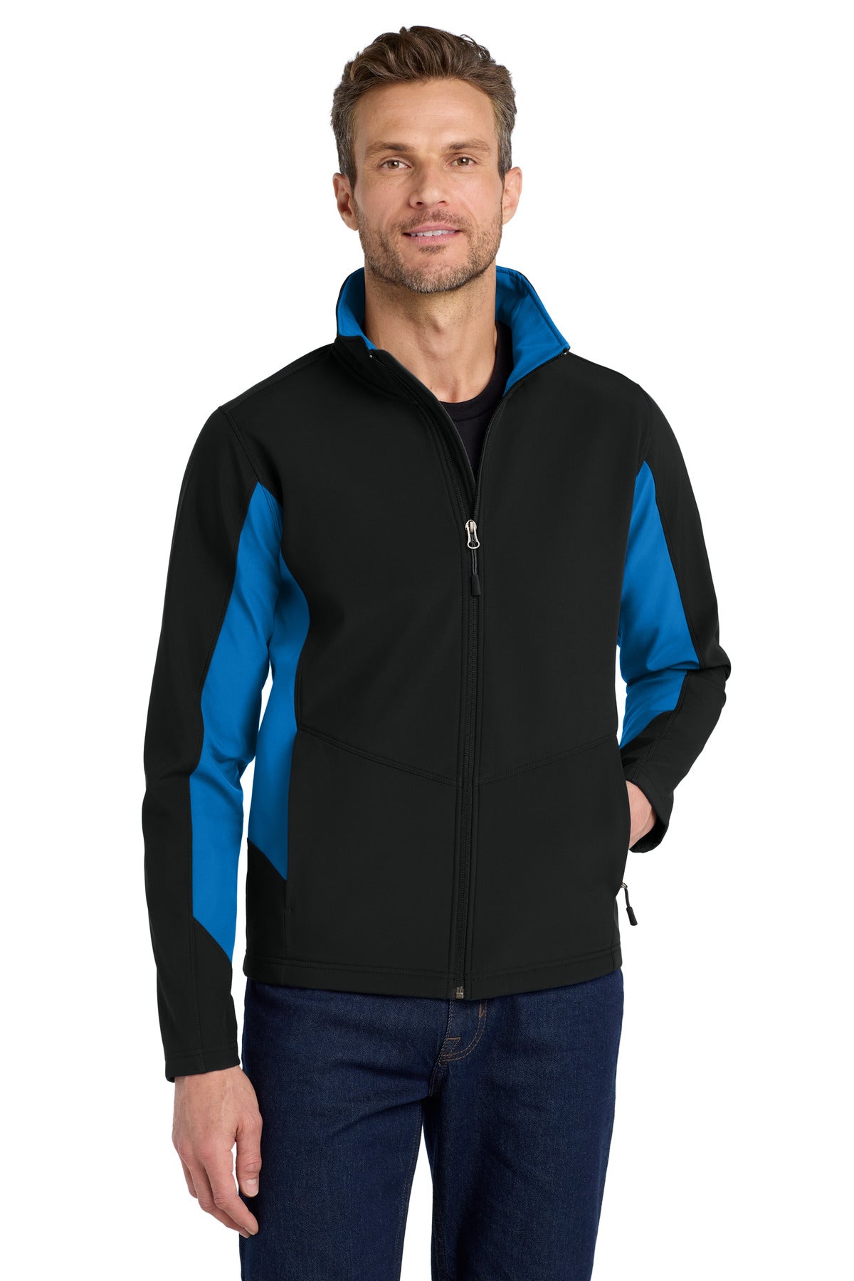 Front View of Black/Imp Blue Port Authority Core Colorblock Soft Shell Jacket. J318