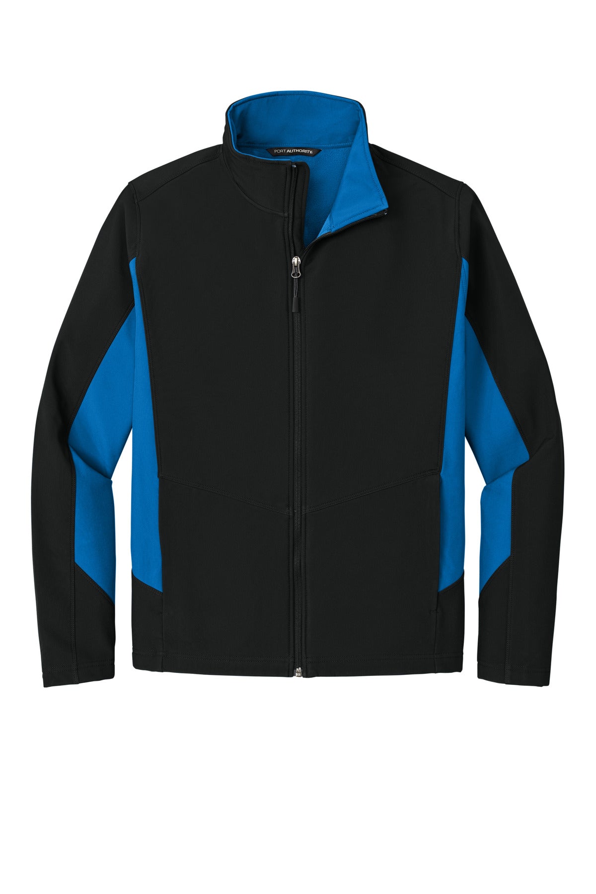 Front View of Black/Imp Blue Port Authority Core Colorblock Soft Shell Jacket. J318
