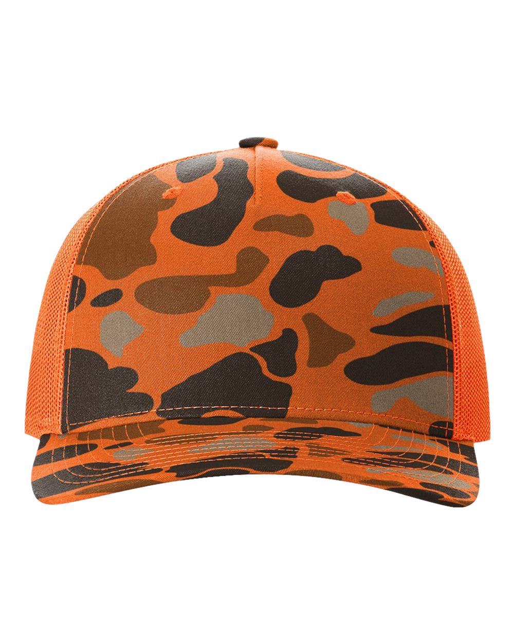 Front View of Blaze Duck Camo/ Blaze Five-Panel Printed Trucker Cap - 112PFP