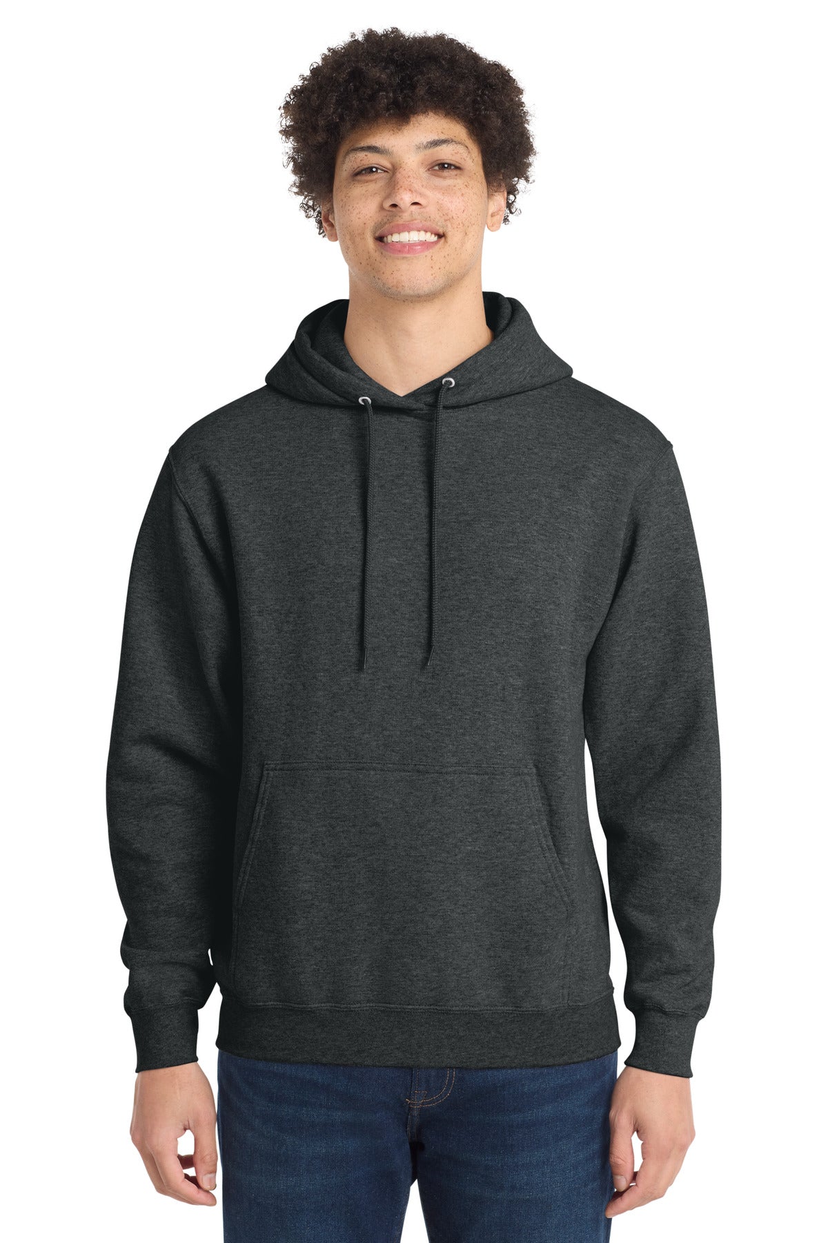 Front View of BlkHthr Port & Co Core Fleece Pullover Hooded Sweatshirt. PC78H