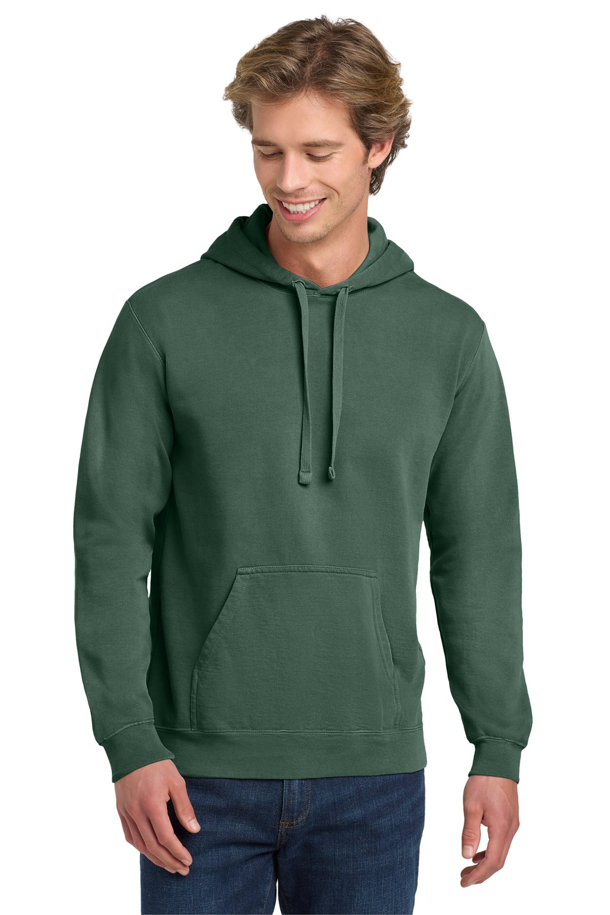 Front View of Blue Spruce COMFORT COLORS Ring Spun Hooded Sweatshirt. 1567