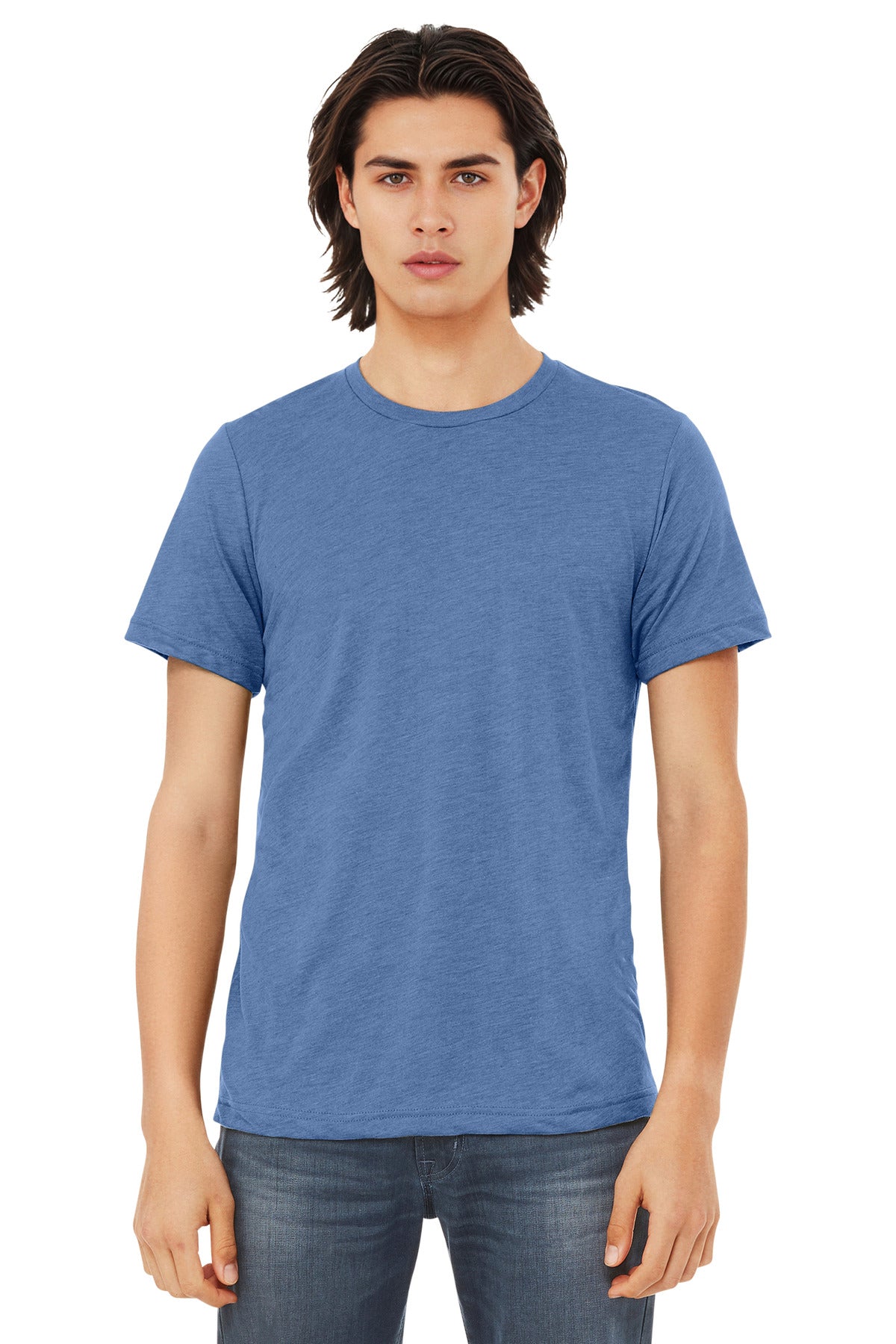 Front View of Blue TB BELLA+CANVAS Unisex Triblend Short Sleeve Tee. BC3413