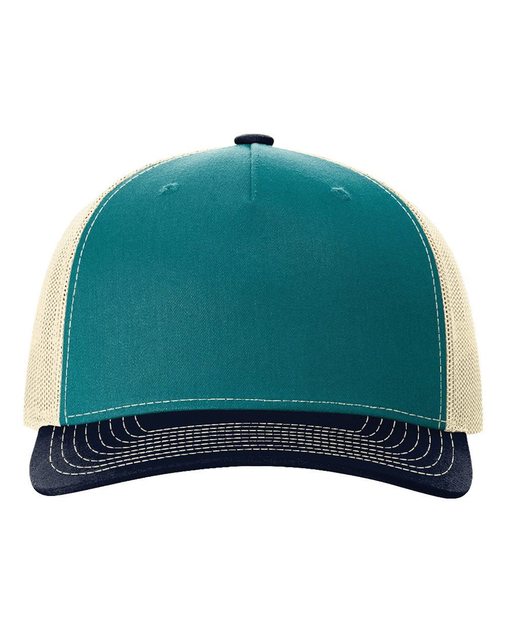 Front View of Blue Teal/ Birch/ Navy Five-Panel Trucker Cap - 112FP