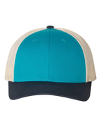 Front View of Blue Teal/ Birch/ Navy Low Pro Trucker Cap - 115