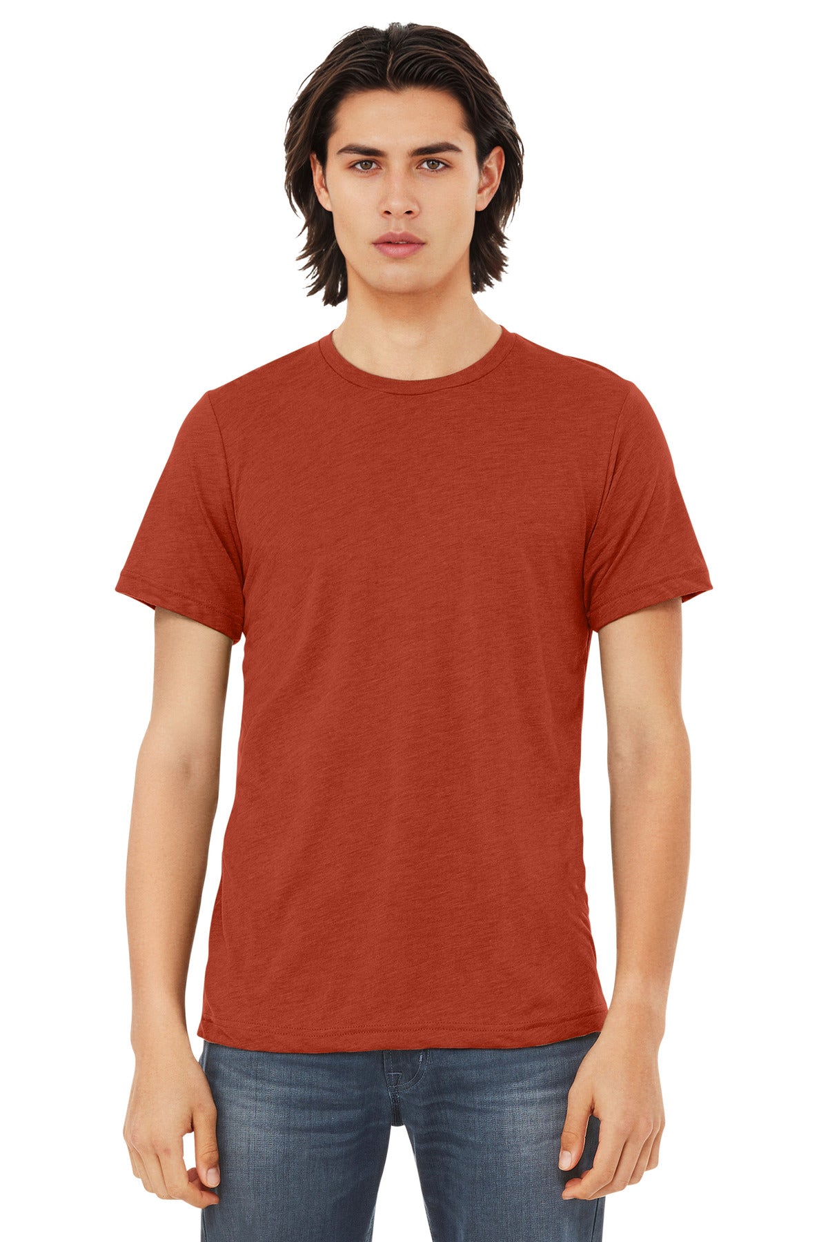 Front View of Brick TB BELLA+CANVAS Unisex Triblend Short Sleeve Tee. BC3413