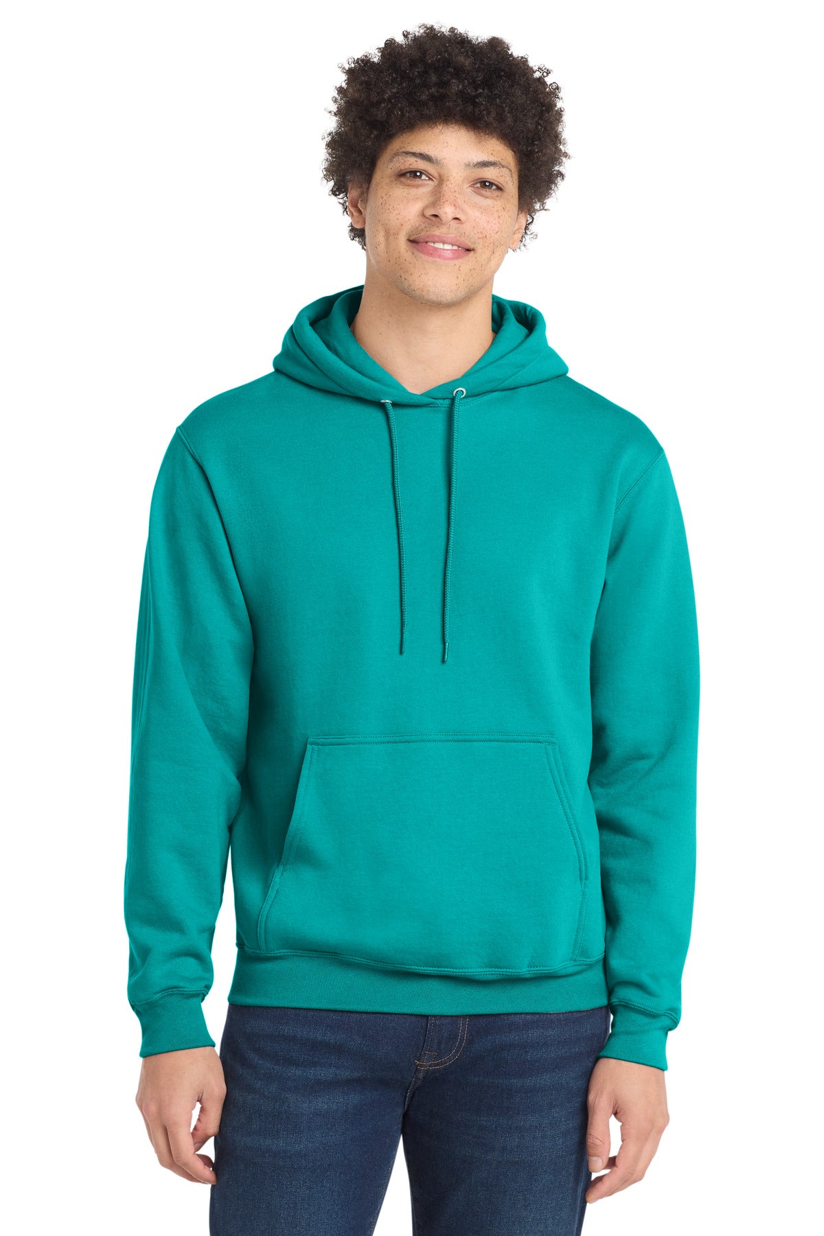 Front View of BrightAqua Port & Co Core Fleece Pullover Hooded Sweatshirt. PC78H