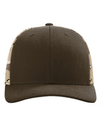 Front View of Brown/ Desert Camo Printed Mesh Trucker Cap - 112PM
