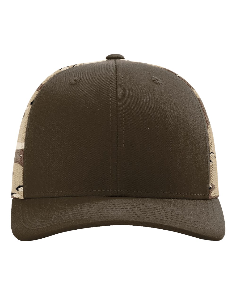 Front View of Brown/ Desert Camo Printed Mesh Trucker Cap - 112PM