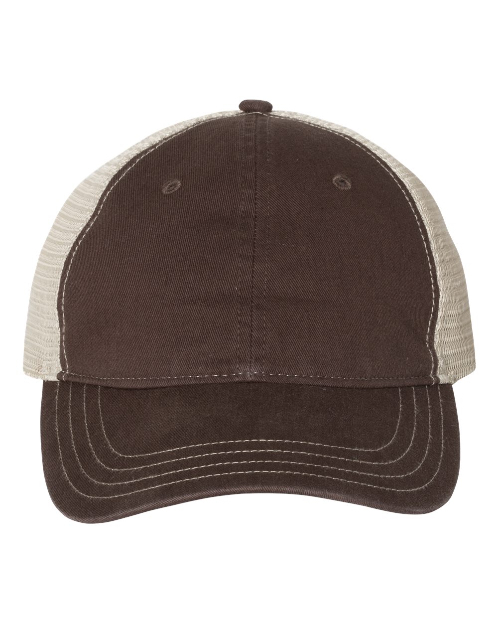 Front View of Brown/ Khaki Garment-Washed Trucker Cap - 111