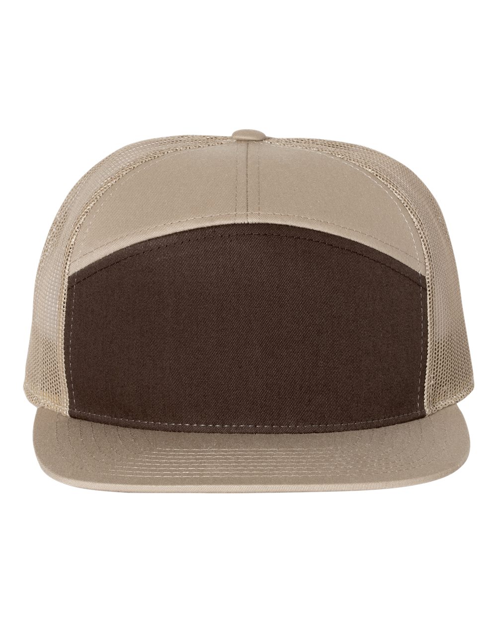 Front View of Brown/ Khaki Seven-Panel Trucker Cap - 168